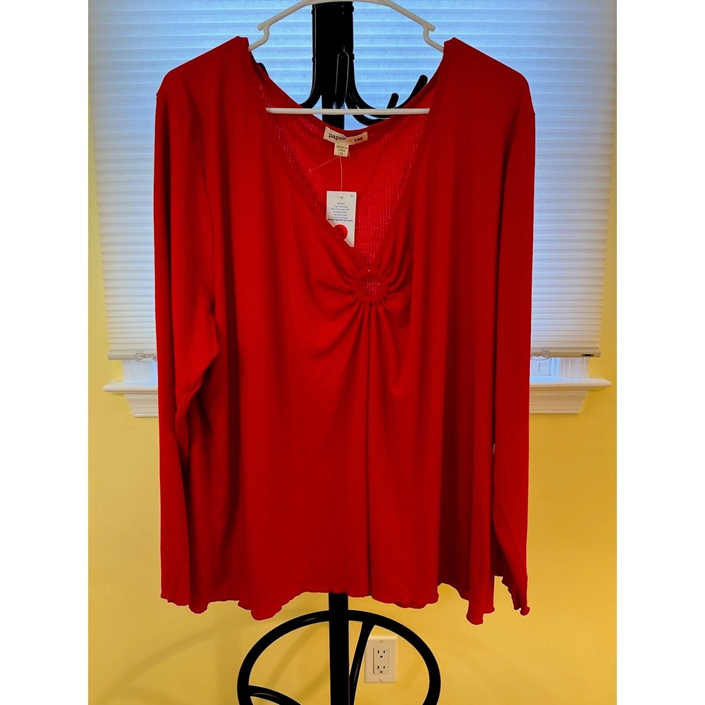 Paper Tee Womens Pullover Blouse Shirt Top Long Sleeves V-Neck Red Sz 3X NWT